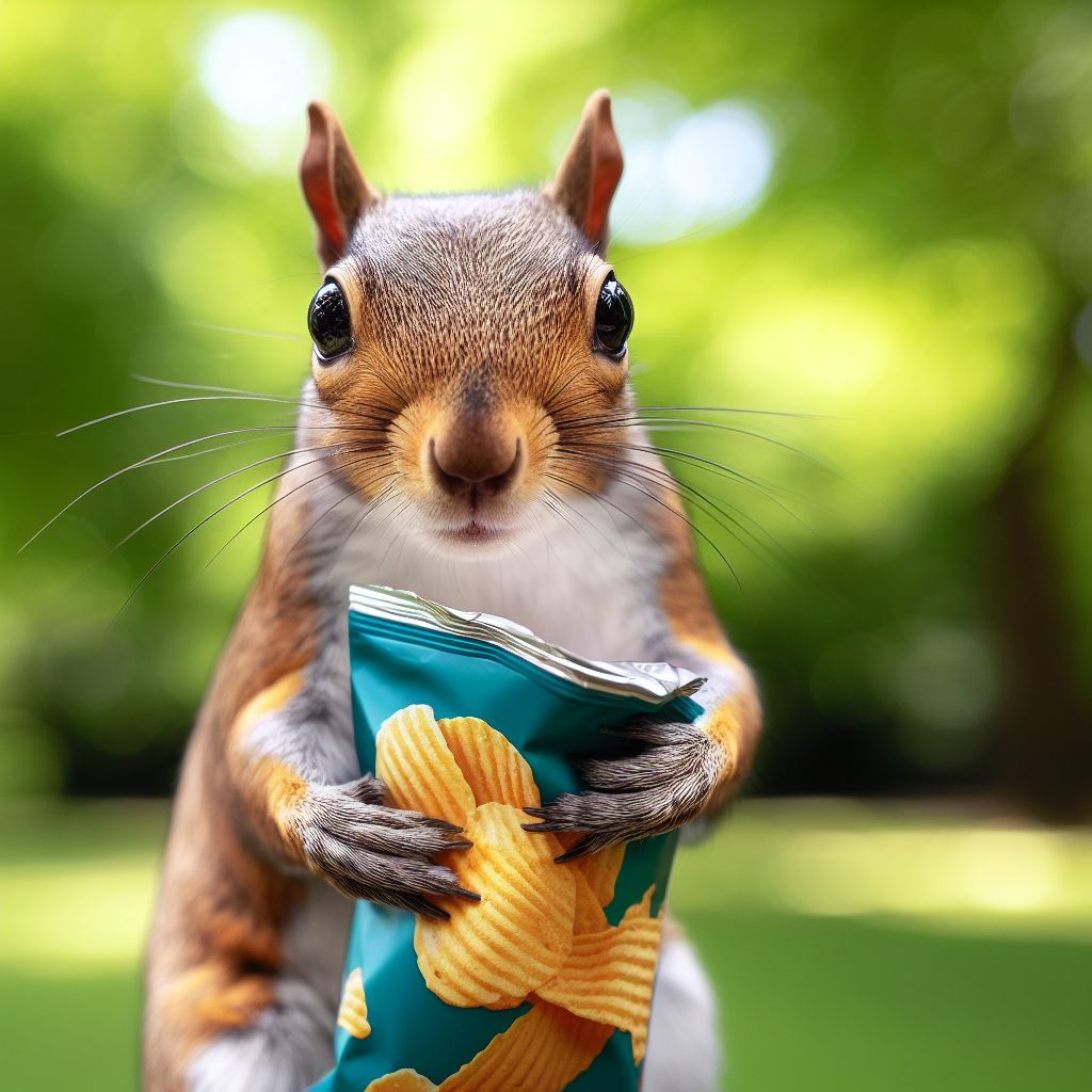 a squirrel holding a bag of chips